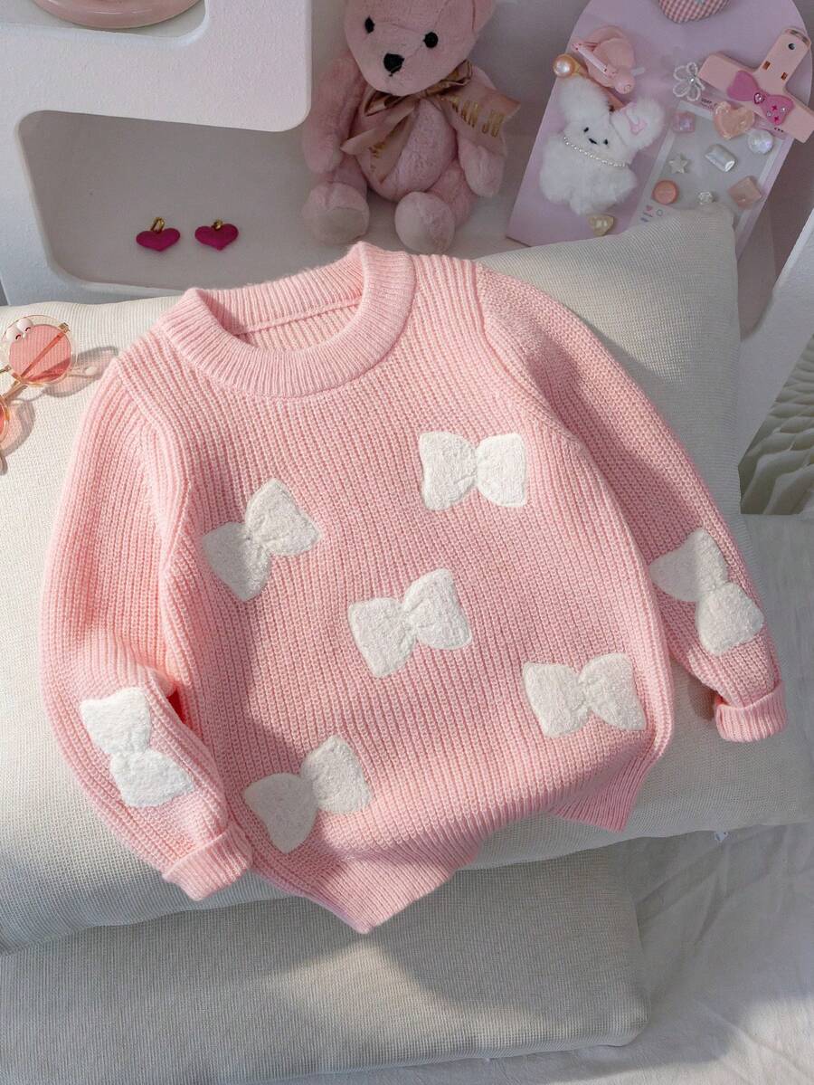 Girls' Sweet Round Neck Long Sleeve Knit Sweater With 3D Plush Bow Decor, Chunky Ribbed Texture, Casual Versatile Pullover For Daily Wear And School, Spring/Autumn/Winter - Pink - View 1
