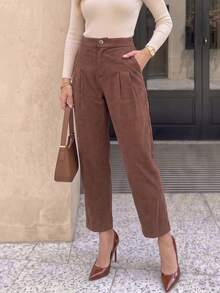 1pc Women's Solid Color Fine Corduroy High Waist Ankle Pants, Front Double Pleated Pockets, Daily Commuting - Coffee Brown - View 4