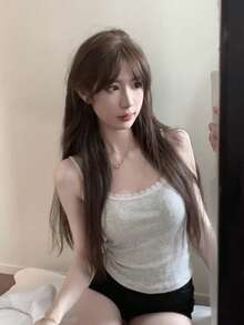 極簡性感風女士蕾絲拼接細肩帶背心上衣，春夏新款，不可調節肩帶休閒款 - 花灰色 - 查看 4