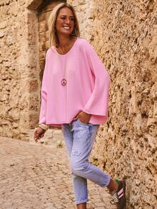 Women's Plus Size Cold Shoulder Batwing Sleeve Knit Sweater, Loose Fit Ribbed Pullover, Casual Streetwear Vacation Outfit For Autumn/Winter - Pink - View 4