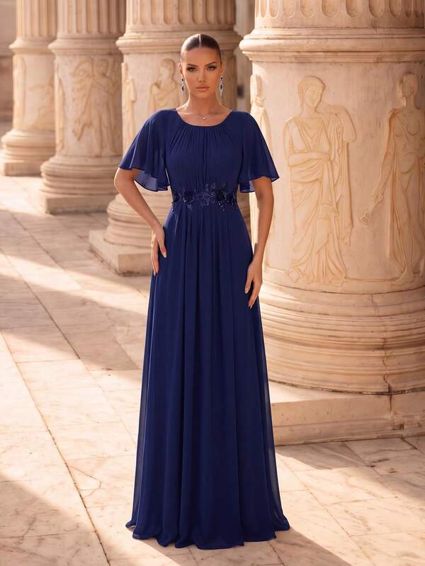 EVERPRETTY Navy Blue Mother Of The Bride Formal Maxi Dress With Floral Applique Waist Flowy A-Line Skirt And Short Flutter Sleeves Semi Formal