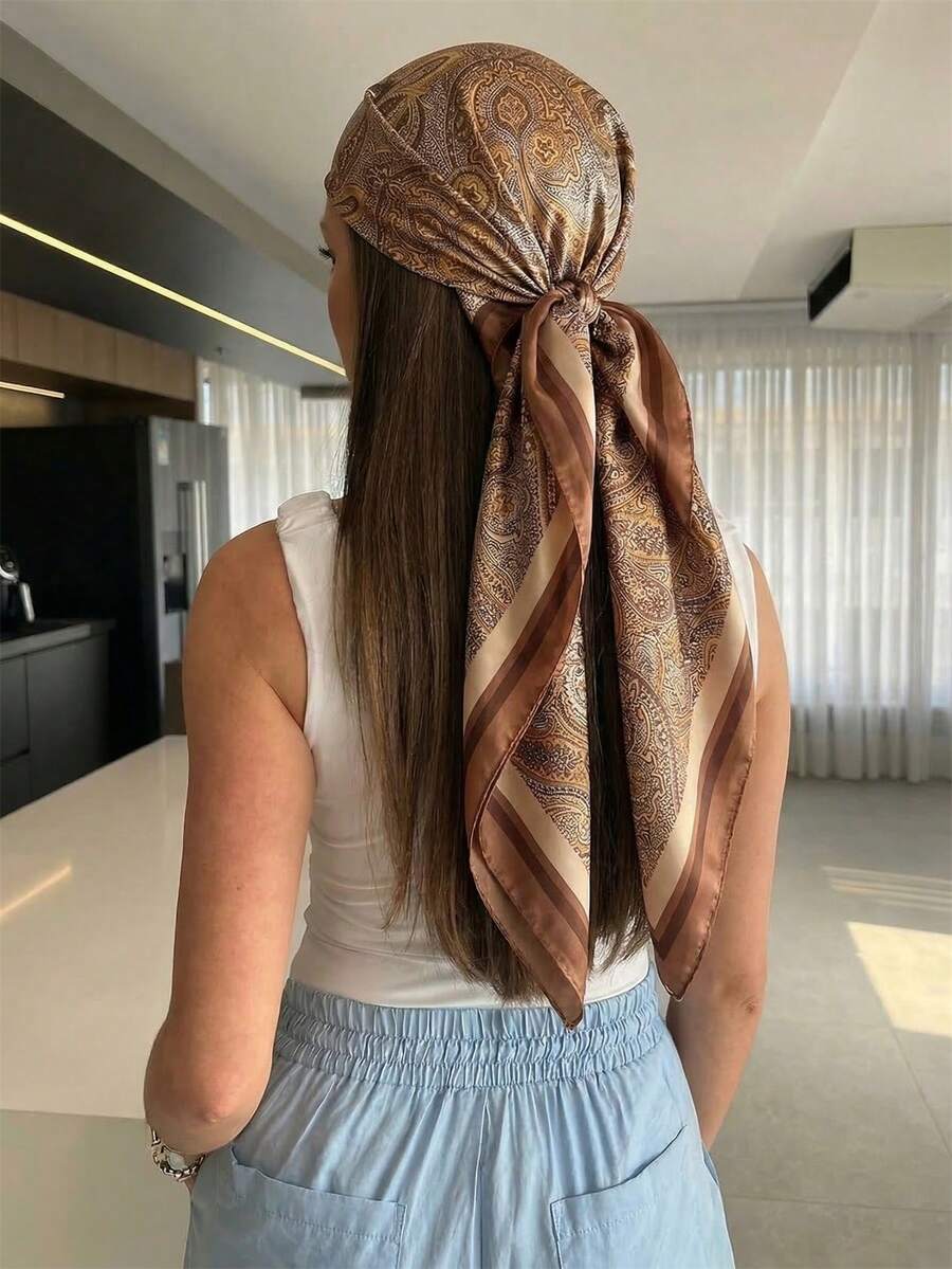 1pc Women's Paisley Print Square Scarf, 90CM Large Satin Silk Texture Hair Scarf Headscarf