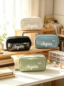 Personalized Custom Name Pencil Case, Transparent Patchwork Large Capacity Pencil Pouch, Portable Stationery Storage Bag For Students - Multicolor - View 4