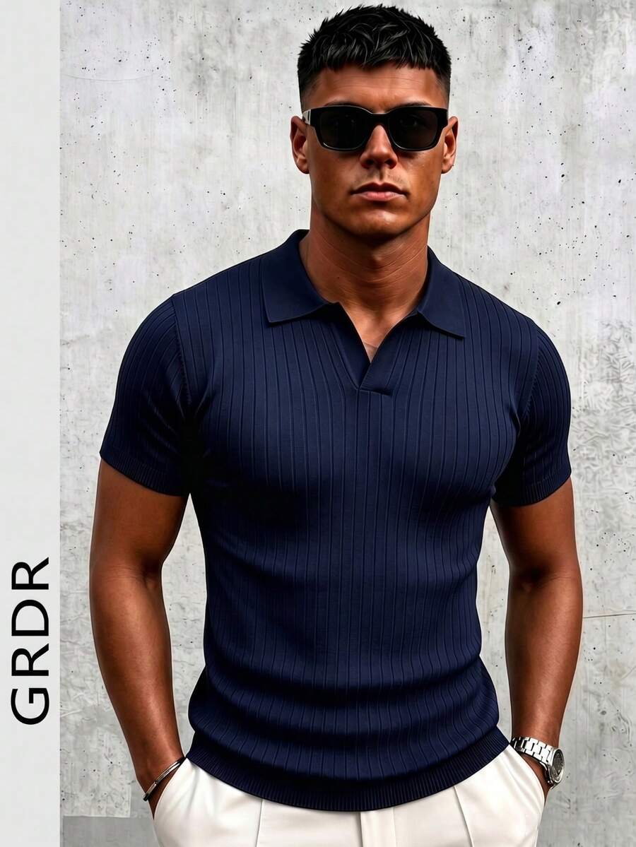 GRDR 男士夏季针织Polo衫，纯色短袖针织领，适合夏季外出穿着，时尚穿搭必备单品