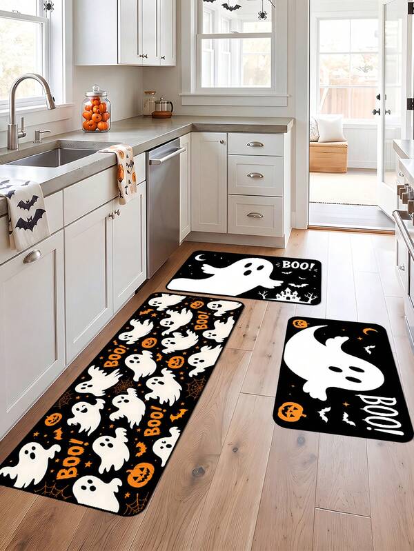 1/16 Stücke Halloween-Thema Fußmatte/Bodenmatte mit Geister- und Kürbismustern Muster; geeignet für Eingangsbereich, Küche oder Badezimmer; schmutzabweisendes Material; perfekt für Halloween-Party-Dekoration und "Süßes oder Saures" Feiertagsatmosphäre