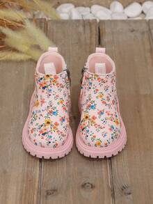 1 Pair New Soft Sole Non-Slip Baby Boots, Pastoral Pink Floral Pattern Children's Boots, Versatile Princess Short Boots For Little Girls - Pink - View 3