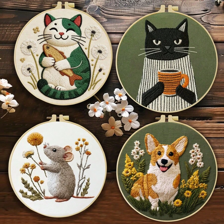 1PC 20*20cm/7.9*7.9in,Puppies, Kittens, And Mice Embroidery Kit, DIY Handmade Embroidery Set For Adult Beginners, Home Gift, Women's Sewing Gift, Including User Manual, Printed Pattern Fabric, Embroidery Frame, Needle And Thread.