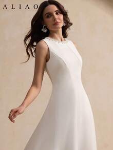 ALIAO Spring Summer Solid Color Dress, 3D Pearl Embellishment, Square Neck Sleeveless, Dinner Party Elegant - Apricot - View 4