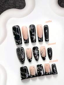 10 piezas de uñas postizas de moda vanguardista hechas a mano, set de manicura de polygel, decoración de estrellas pintadas a mano y strass, esmalte de uñas negro y plateado, estilo único, incluye herramientas de manicura, 3 tamaños disponibles, forma de almendra/pato/ataúd, adecuado para fiestas, baile, uso diario - Multicolor - Ver 1