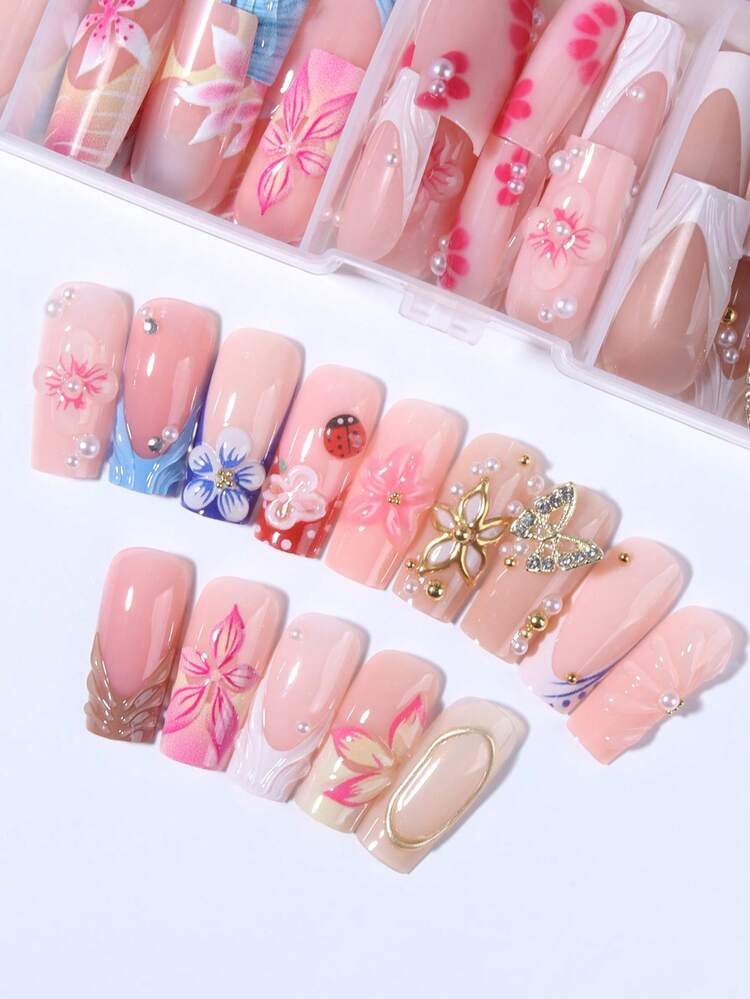 240pcs (10 Styles Assorted) Y2K Medium Square 3D Gel Colorful French Press-On Nails, Featuring 3D Gel Flowers, Butterflies, Rhinestones And Gold Pearl Designs, Summer Easy-To-Wear Acrylic Fake Nail Set, Suitable For Girls' Daily And Party Use - Multicolor - View 3