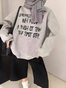 Autumn/Winter Slouchy Relaxed Minimalist Versatile Letter Print Design Casual Loose Crew Neck Sweatshirt - Light Grey - View 1