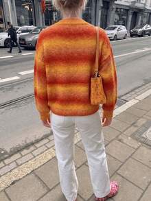 Women's Gradient Orange Fuzzy Crew Neck Knit Sweater, Loose Long Sleeve Casual Autumn Winter Pullover Top - Orange - View 3