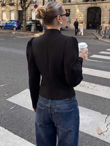 女款修身拿破崙風西裝外套，附肩墊與鈕扣，黑色，秋季款 - 黑色 - 查看 2