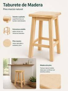 Natural Wood High Stool For Kitchen And Dining, Durable 30x30x48cm Square Bench, Versatile Seating For Home And Food Service In Light Wood Finish - Reddish Brown - View 6