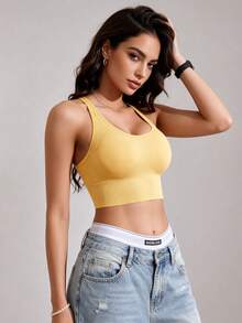 Runway Rest 女款無縫無鋼圈運動內衣，寬肩帶，舒適透氣 - 黃色 - 查看 4