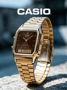 CASIO Vintage Gold Square Outdoor Sports Dual Display Watch Collection, Retro Metal Steel Band Square Watch, Solar Powered Waterproof Multi-Function Outdoor Sports Electronic Watch - one-size - View 5