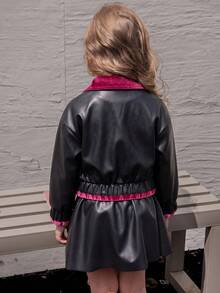 Girls' Autumn/Winter Vintage Jacket Set With Lapel Lace Design Zipper Long Sleeve Jacket + Solid Color Pleated Skirt 2-Piece Set - Black - View 5
