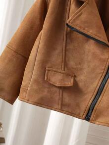 Young Girls Autumn/Winter Diagonal Zipper Loose Collar Short Jacket Casual Outerwear - Brown - View 5