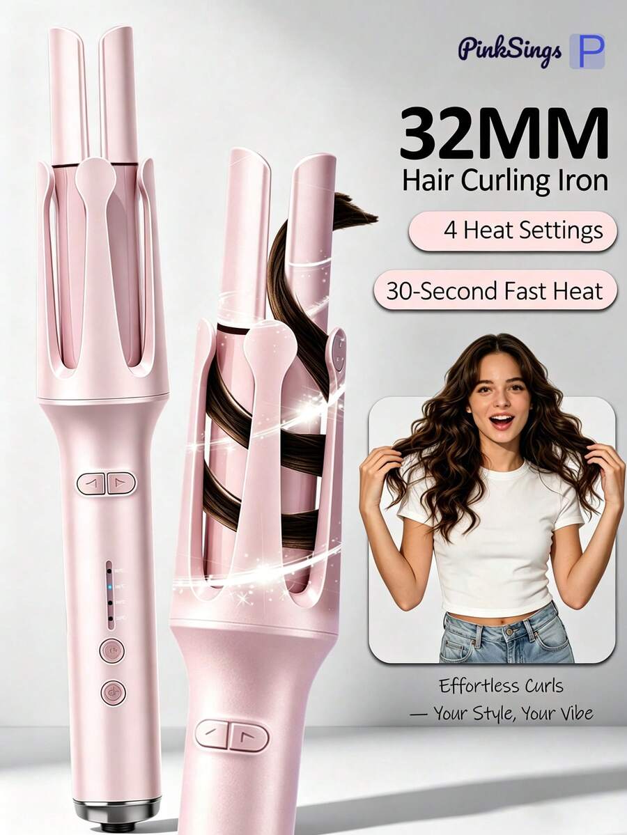 PinkSings One-Click Automatic Hair Curler, 32mm Barrel, Left-Right Auto Curling Iron, 4 Temperature Modes, Negative Ion Generator, Smart Timer And Sensor, Auto Shut-Off, Best Christmas Gift - Pink - View 1
