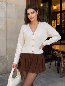 Women Autumn White V Neck Cable Knit Cardigan Gold Button Long Sleeve Loose Cropped Casual Going Out Tops - White - View 8
