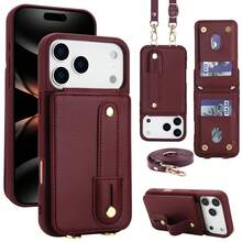 OUKNOEO 時尚人造皮革斜挎手機包，相容 iPhone 18 17e Air 16e 15 14 13 Pro Max Plus S26 S25 Edge S24 Ultra A37 A57 Z Fold 7 6 5 4，附手腕帶與長掛繩 - 酒紅色 - 查看 74