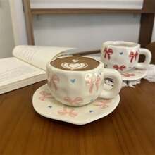 Cangkir dan Tatakan Kopi Keramik Motif Bunga Merah Muda, Mug Lukis Tangan, Cangkir Keramik Bergaya untuk Rumah, Sarapan, Susu, Hadiah Natal - Cangkir dan piring pita merah muda - View 7