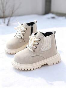 1 Pair Kids' Knit Patchwork Motorcycle Boots, Autumn/Winter Single Lining, Round Toe, Thick Sole, Non-Slip, High-Top Casual Work Boots For Boys And Girls - Beige - View 2