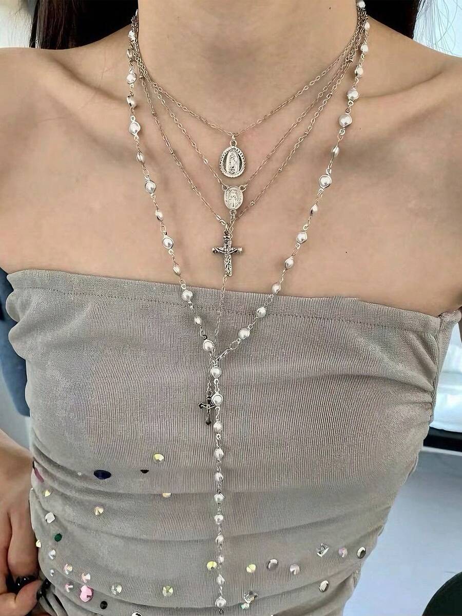 4件組波希米亞水晶項鍊女款,流蘇長項鍊,度假風小眾飾品,適合派對聚會,送給親友的禮物,日常配戴 - 銀色 - 查看 1