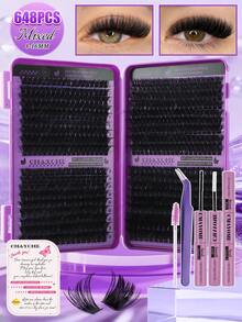 720/666/648/180 Clusters D Curl Single Strand False Eyelashes, Large Capacity, Suitable For Beginners, Long-Lasting Thick And Fluffy, Big Eye Makeup, Classic Realistic Bundled False Eyelashes, Includes Adhesive, Sealer, Tweezers, Brush - Purple - View 5