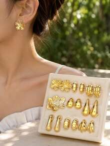 18pcs 9 Pairs Gold Tone Stainless Steel Stud Earrings Set For Women, Geometric Flower Shell Heart Earrings, Daily Vacation Party Jewelry - Gold - View 5