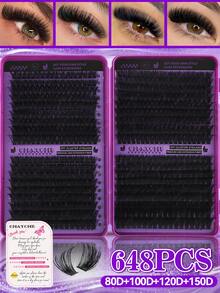 720/666/648/180 Clusters D Curl Single Strand False Eyelashes, Large Capacity, Suitable For Beginners, Long-Lasting Thick And Fluffy, Big Eye Makeup, Classic Realistic Bundled False Eyelashes, Includes Adhesive, Sealer, Tweezers, Brush - Purple - View 18