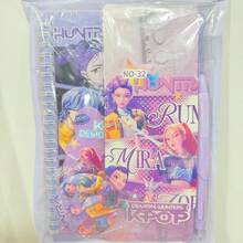 Hasbro K-Pop Style "Demon Hunter" Themed Stationery Set: Includes A Set Of Rulers (4 Clear Scale Rulers), 1 K-Pop Style "Demon Hunter" Cartoon Brooch, 1 Purple Retractable Gel Pen, 1 Portable Asymmet-Shaped Notebook, And 1 Thickened Spiral Notebook. This Is The Perfect Stationery Set Designed For K-Pop Fans - A - View 7
