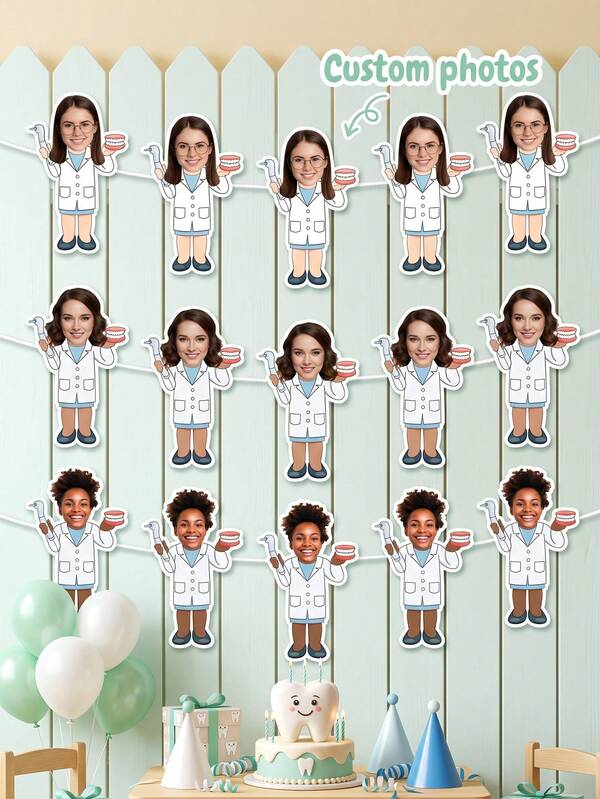 8/12/16pcs Custom Headshot Dentist Character Banner, Custom Photo Dentist Graduation, Birthday, Thank You Party Indoor Background Hanging Banner