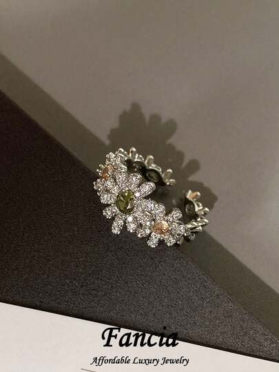 1pc Fashion Cubic Zirconia Flower Open Ring, Suitable For Women's Daily And Vacation Wear