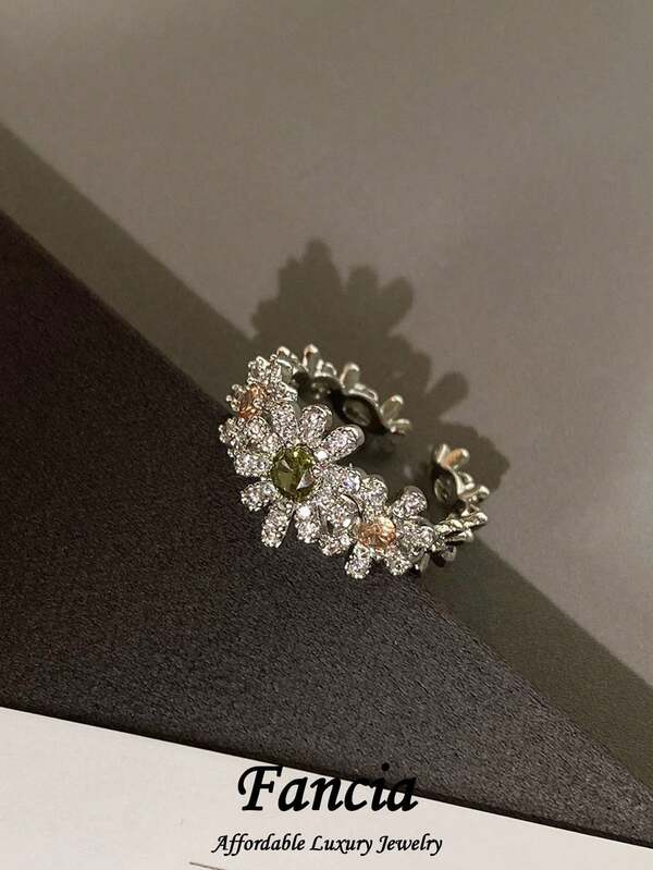 1pc Fashion Cubic Zirconia Flower Open Ring, Suitable For Women's Daily And Vacation Wear