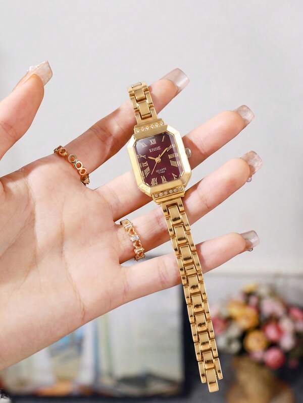 SOKI 1pc Women's Watch Square Roman Numeral Dial Rhinestone Inlaid Case Alloy Strap Casual Luxury Quartz Watch, Suitable For Daily Wear, Birthday Gift, Party, Holiday Gathering, Also An Ideal Gift For Yourself Or Friends.