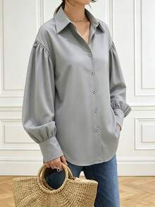 Casual Lantern Sleeve Collared Shirt - Grey - View 5