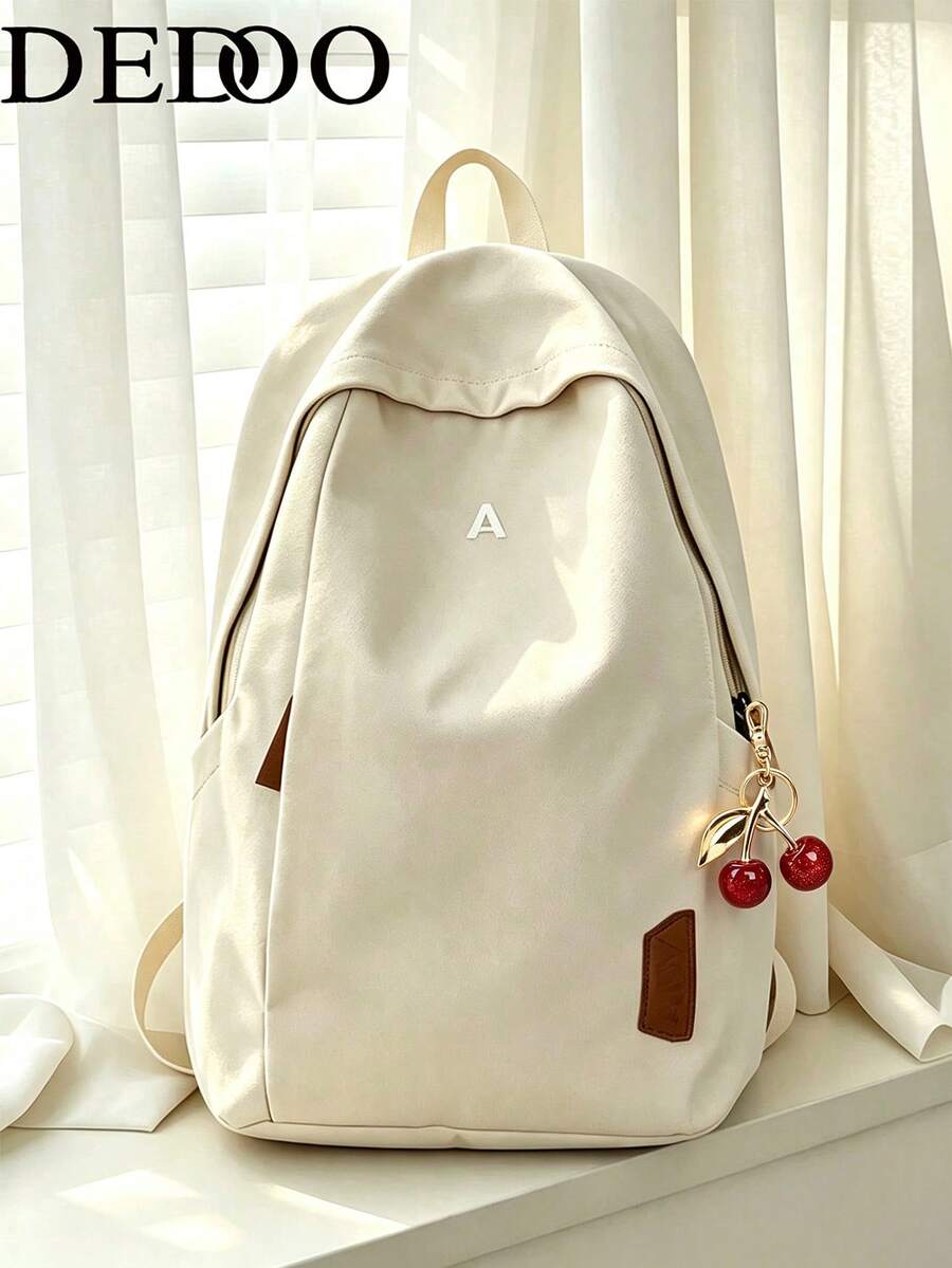 Dedoo Mochila de lona con cremallera, patrón de letras de unicolor, colgante de cereza, gran capacidad, mochila escolar para estudiantes, campus universitario, mochila para volver a la escuela - Beis - Ver 1