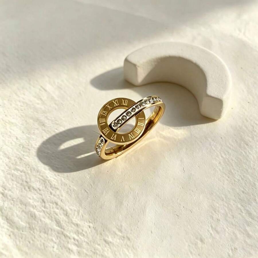1pc Stainless Steel Fashionable Roman Numeral Ring - Yellow Gold - View 1