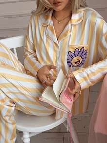2pcs Women Casual Striped Cute Print Long Sleeve Top + Elastic Straight Leg Pants Loungewear Set - Yellow - View 8