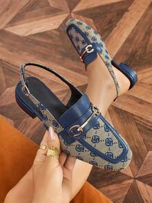 Women's Fashion Slingback Round Toe Metal Buckle Back Strap Flat Shoes Low Chunky Heel Comfortable Blue Open Back Pumps For Commute, Party, Holiday, Vacation - Blue - View 1