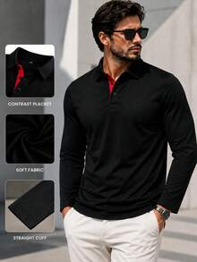 Men's Long Sleeve Polo Shirt, Contrast Red Placket Soft Fabric Casual Top With Fitted Cuffs For Daily Business Golf Wear - Black - View 1