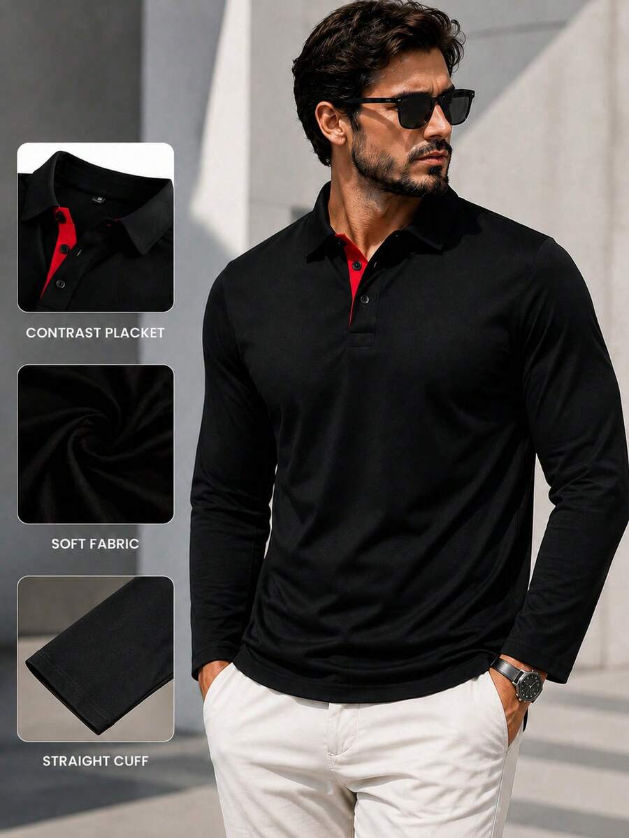 Men's Long Sleeve Polo Shirt, Contrast Red Placket Soft Fabric Casual Top With Fitted Cuffs For Daily Business Golf Wear - Black - View 1