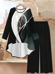 Plus Size Women's Fashion Printed Striped Color Block Asymmetric Front Short Back Long Top With Pockets And Long Pants 2 Pieces Set Elegant Black - Black - View 3