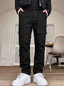Tween Boys Black Casual Cargo Pants, Fashionable Multi-Pocket Trousers, Suitable For Spring/Summer - Black - View 8