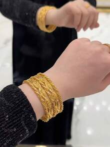 5件裝經典阿拉伯風 21K鍍金葉片紋飾雕刻扭繩細節可疊戴女款手鍊，適合日常穿著與慶祝場合 - SZ-1 - 查看 8