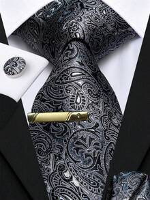 Grey Paisley Necktie Pocket Square Cufflinks Tie Clip 4pcs Kit For Industry Summit & Chamber Commerce Annual Dinner - Grey - View 1