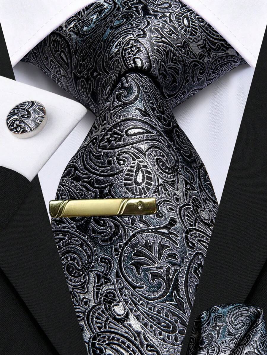Grey Paisley Necktie Pocket Square Cufflinks Tie Clip 4pcs Kit For Industry Summit & Chamber Commerce Annual Dinner - Grey - View 1