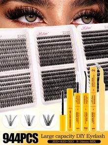 944 Clusters Large Capacity Lash Book, 30D/40D/50D Fluffy D Curl Individual Lashes, 8-16mm Natural Dense Lash Extensions, Waterproof Soft False Lashes With Glue, Tweezers & Remover For Home DIY Makeup,Lash Clusters Kit,Glue And Seal,Manga Lashes - Black - View 3