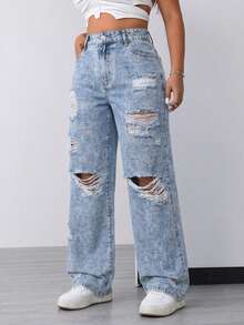 Women's Plus Size Distressed Loose Fit Denim Jeans, Y2K Retro Denim Style, With Pockets And Zipper - Blue - View 4